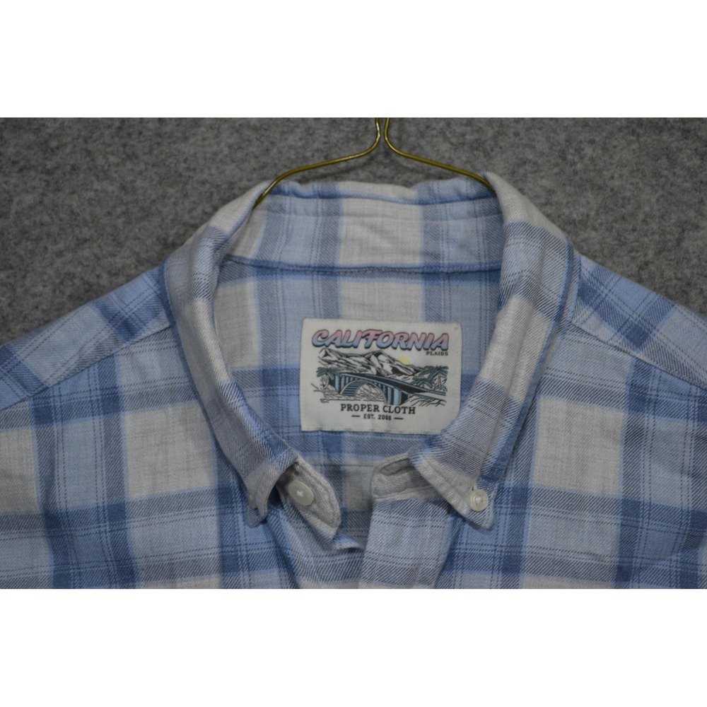 Proper Cloth Shirt Mens M Blue Light Grey California Plaid Button Up Long Sleeve